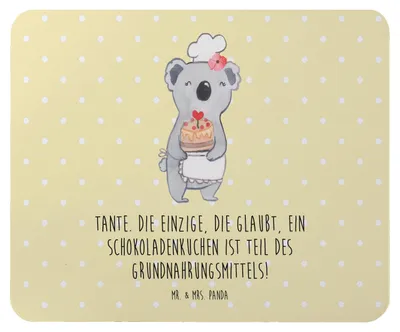 Produktbild von Mr. & Mrs. Panda Mouse Pad Tante Schokoladenkuchen - Gelb Pastell - Geschenk, Mauspad, Liebe, herzerwärmende Sprüche, laptop mousepad, mausteppich, Familie, Nichte, pc