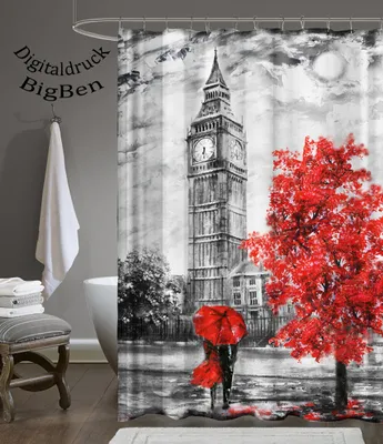 Produktbild von Digitaldruck Qualität Textil Duschvorhang Wannenvorhang LONDON BIG BEN 120x200cm inkl. Ringe