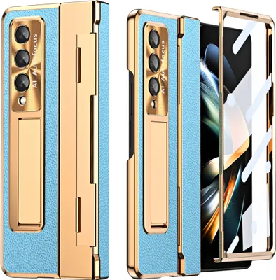 Obrázek produktu pro Pouzdro pro Samsung Galaxy Z Fold 3 5G, Galvanizovaný pouzdro s ochrana displeje a objektivu, s držákem a stojánkem modré