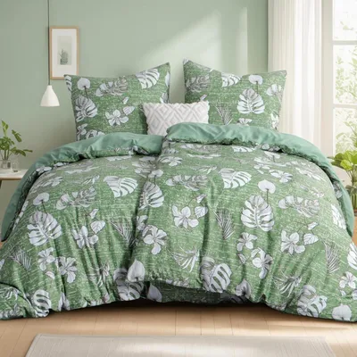 Produktbild von Bettwäsche-Set 135x200cm 4teilig Mikrofaser Floral Blätter Grün mit Reißverschluss