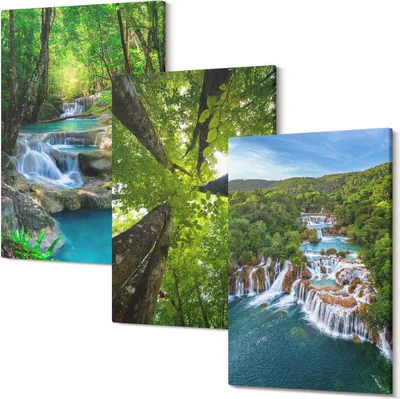 Produktbild von Leinwandbilder – Wandbilder – Leinwandbild – Canvas Bild – Polycanvas – Kunstdruck – – Modern – Aufhängefertig – Mehrteilig – 3-Teilig – 40x60 Cm Pro Bild - Wasserfälle in einem grünen Wald mit kristallklarem Wasser
