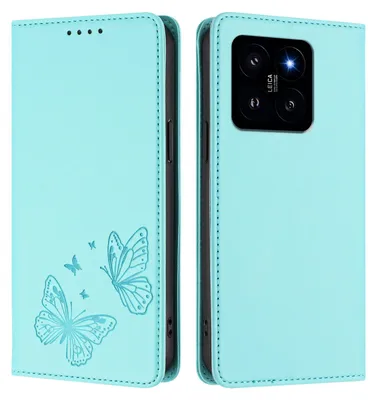 Obrázek produktu pro Kožené pouzdro pro Xiaomi 14, motýlí ražbou, peněženkové flip pouzdro se stojánkem Mátově zelená