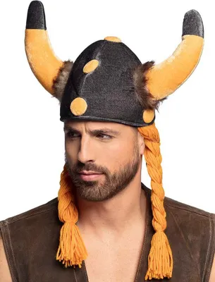 A man wearing a Viking helmet with braids.