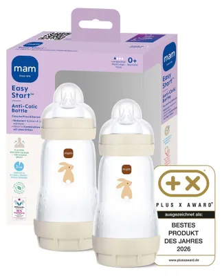 Produktbild von MAM Easy Start Anti-Colic Babyflasche | 0+ Monate | | Milchflasche für Neugeborene | Weniger Koliken | stillfreundliche Baby Trinkflasche | Sauger Gr. 1 | 260ml | Hase | 2 Stück