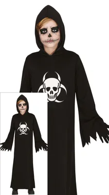 Productafbeelding van Halloween-kostuum: Grim Reaper (dood) met spookachtige cape. Kinderkostuum, met een enge doodsmotivatie. Schrikwekkende, donkere capuchon. Fantasievol en griezelig outfit. Horror. Maat: 110/116. Kleur: Zwart