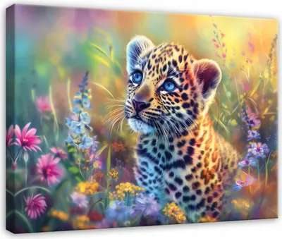 Produktbild von Leinwandbild Tiere Panther Blumen - 60x40 cm - Wandbilder Kinderzimmer - Leinwand Leinwandbild Bunt - PP16155O4