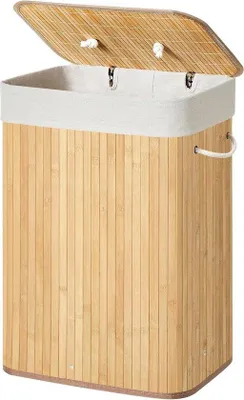 Image de Panier à linge en bambou avec couvercle et drap en coton, 72 L - Beige - 40 x 30 x 60 cm