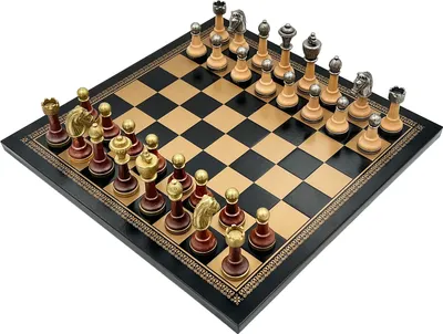 Produktbild von Italienische Schachfiguren Klasse Metall/ Holz + Schachbrett Aus Kunstleder Gold/ Schwarz 33