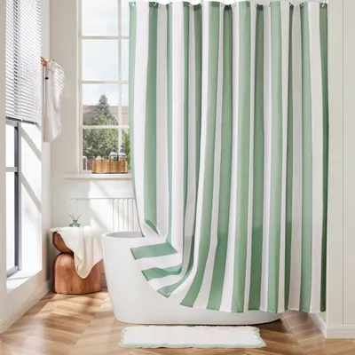 Produktbild von Duschvorhang mit vertikalen Streifen, niedlicher Retro-Vintage-Schleife, wasserdichtes Polyestergewebe, moderner Badezimmervorhang, 183 x 183 cm