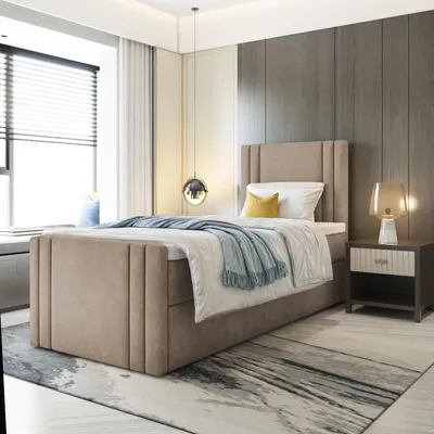Produktbild von Bett Boxspringbett BEST MINI mit Fußteil, TOPPER T25, Bettkästen - Einzelbett, Stauraum, Schlafzimmer,Polsterbett (100x200, Cappuccino - ITAKA 48)