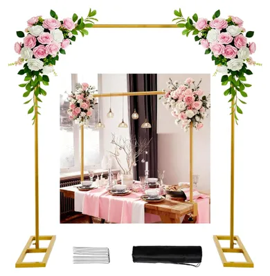 Produktbild von Verstellbarer Hintergrundständer für Hochzeiten, 2-in-1-Bodenbogen und Tischstange, quadratischer Rahmen aus goldfarbenem Metall, Fotohintergrund und Ballonbogen-Ständer für Feiern