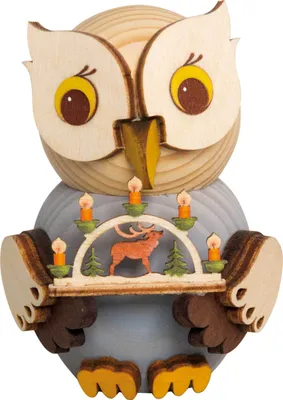 Produktbild von Drechslerei Kuhnert - Mini-Eulen aus Holz - mit Schwibbogen - ca. 7 cm groß - als Dekoration oder Geschenk geeignet