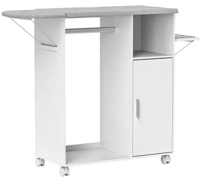 Zdjęcie produktu dla Szafka na deskę do prasowania - Stacja do prasowania na kółkach - Składana deska do prasowania - Regulowana półka - Drążek na wieszaki - 127x42,5x99 cm - Kolor: oliwkowy