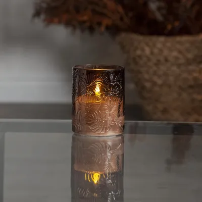 Zdjęcie produktu dla Świeca Led szklana woskowa FLAMME LEAF brązowa 12,5cm