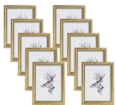 Zdjęcie produktu dla Zestaw 10 drewnianych ram do zdjęć ze szkłem, kolor złoty, wymiar 10x15 cm