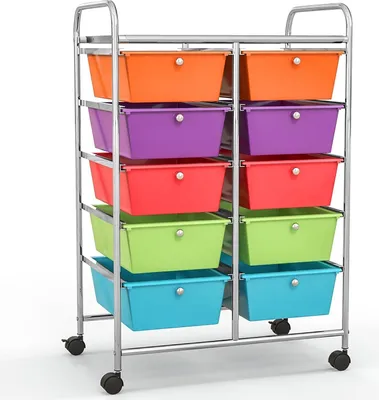 Produktbild von Rollwagen mit 10 Schubladen stapelbar, Schubladenwagen Badrollwagen Küchenwagen mit feststellbaren Rollen, Aufbewahrungswagen Haushaltswagen für Küche Bad Büro 65,5x37x87cm Bunt