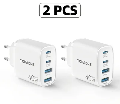 Produktbild von 2er Set USB-C Ladegerät 40 W, 4-Port GaN Netzteil mit 2x USB-A und 2x USB-C, PD+QC Schnellladeadapter