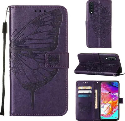 Produktbild von Galaxy A70S Hülle, Schmetterling Prägung Flip Leder Kartenfächer Schutzhülle Ledertasche mit Ständer für Samsung Galaxy A70 / A70S Lila