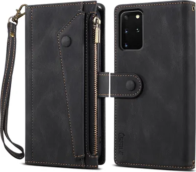 A black leather wallet case for a Samsung Galaxy S20 Plus is shown open, revealing the phone slot and card slots, and closed, showing the exterior.