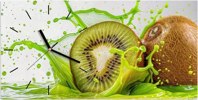 Produktbild von Wanduhr aus Glas mit Motiv Kiwi Spritzer- 60 x 30 cm - inkl. Aufhängesystem