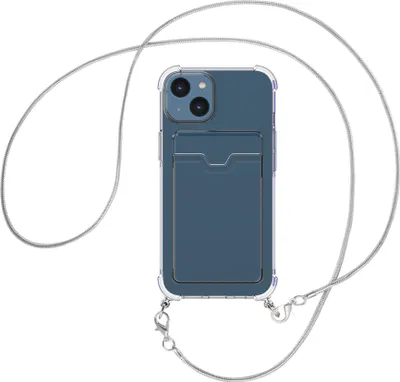 Produktbild von Handykette Backcover-Schutzhülle mit Band (Metall silberfarben) für Apple iPhone 15 - silberfarbene Snake-Kette