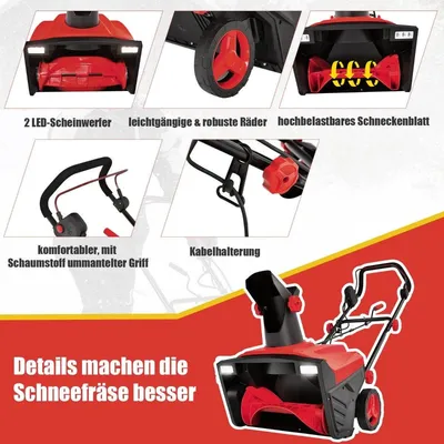 Image de Souffleuse à neige électrique avec lumières LED et moteur 15 A Largeur de travail 50 cm Hauteur de travail 25 cm Rouge + Noir