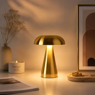 Produktbild von LED-Pilzlampe, tragbare Metall-Schreibtischlampe,USB-Aufladung Nachttischlampe, dreifarbiges Touch-Kabellos Dimmen, Augenschutz-Nachtlicht, Gold
