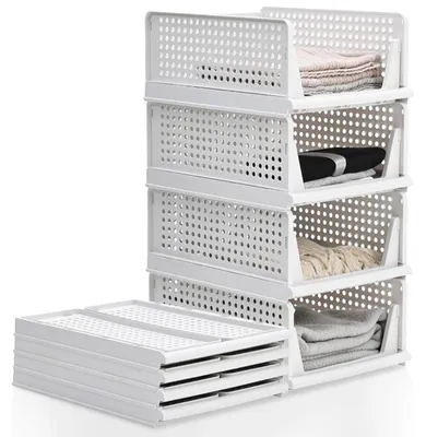 Obrázek produktu pro Úložný košík – Stohovatelné úložné boxy – Sada 4 kusů – Skládací – Plast – Vhodné pro oblečení – Maximální nosnost 6 kg