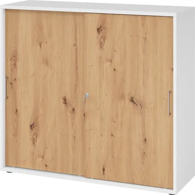 Produktbild von bümö Schiebetürenschrank office - 3 Ordnerhöhen - Griff: Bügelgriff (Metall), Nachbildung: Weiß/Asteiche