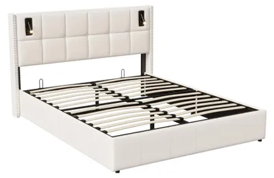 Obrázok produktu pre Postel s čalúnením - dvojlôžko 160 x 200 cm - s úložným priestorom - s hydraulickým úložným priestorom - lampička - béžová
