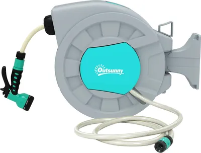 Produktbild von Schlauchtrommel mit Gartenschlauch 30m, 180° schwenkbar Schlauchbox, Schlauchaufroller zur Wandmontage, Wasserschlauchaufroller mit automatische Aufrollung, 7-Funktionen Handbrause, Grün+Grau