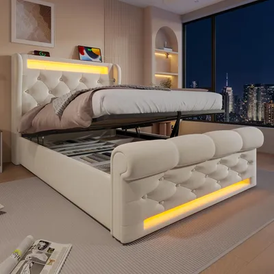 A bedroom scene at night with a bed and a city view.