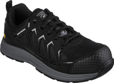 A black Skechers work shoe is shown from a side angle against a white background.