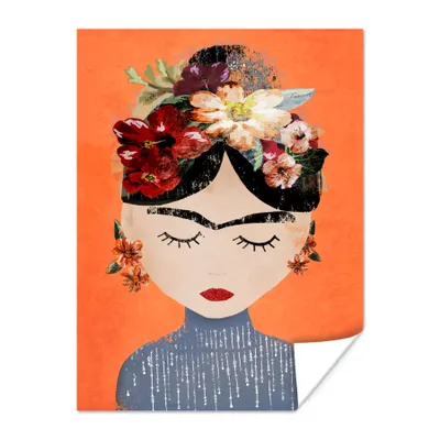 Produktbild von MuchoWow® Poster – Porträt – Frida Kahlo – Orange – Frau – Blumen – 90x120 cm