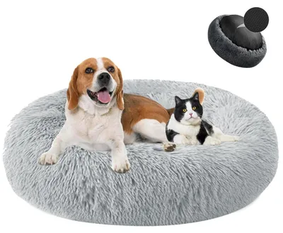 Obrázok produktu pre Posteľ pre psa, tvar donut, plyš, umývateľná, sivá, priemer 80 cm