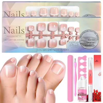 Image de Kit de faux ongles : 240 pièces, style français, couleurs nude et blanc, ongles artificiels pour les pieds, couverture complète, 12 tailles différentes