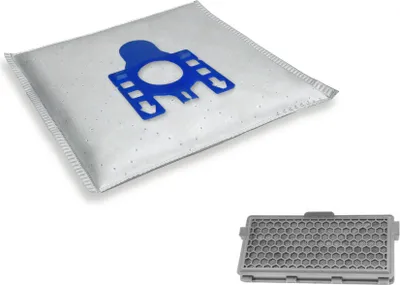 A vacuum cleaner bag and a HEPA filter are shown against a white background.