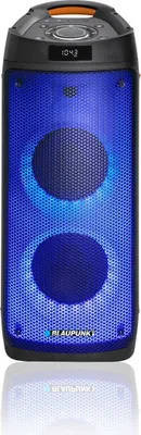 A Blaupunkt Bluetooth Karaoke Lautsprecher PB06DB speaker with blue LED lights.