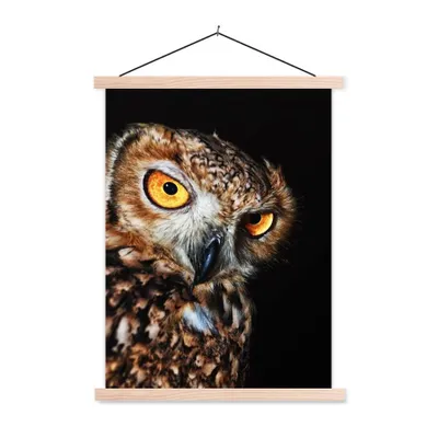 Produktbild von MuchoWow® Textilposter Eule - Schwarz - Gelb 40x53 cm mit holzfarbenen Rahmen - Schlafzimmer