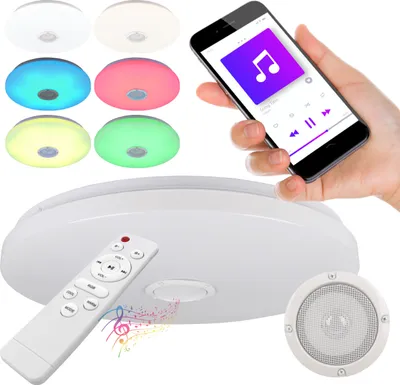 A collage of a ceiling lamp with multiple color options, a smartphone displaying a music app, a remote control, and a separate speaker component.