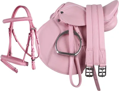 Produktbild von Komplettes leichtes Sattelset für Kinder und Ponys, Sitzfläche 33 cm, Baumgröße 27 cm, in Blau oder Rosa