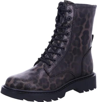 A single black and brown leopard print lace-up boot is shown against a white background.