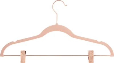 A pink velvet hanger with two clips is shown against a white background.
