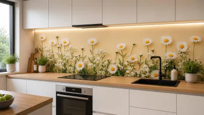 Zdjęcie produktu dla Panel ścienny kuchenny "Blumenfeld" z akrylu o grubości 5 mm, służący jako ochrona przed rozpryskami. Wodoodporny panel ścienny do kuchni, z nadrukiem UV i białym tłem. Wymiary: 260 x 60 cm