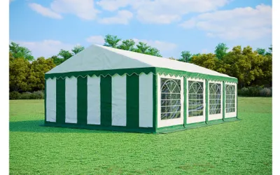 Obrázek produktu pro Párty stan 5x8 m PREMIUM – PVC 500 g/m² s protipožární úpravou, spodní rám + střešní výztuhy, až 80 osob - Zeleno-bílá