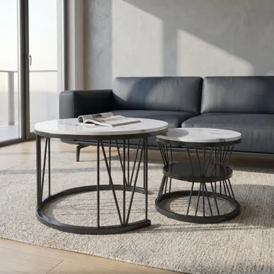 Immagine prodotto di INONEFT, set da 2 tavolini da caffè, forma rotonda, aspetto marmo, tavolini laterali con struttura nera, tavolini per il soggiorno, tavolini da divano