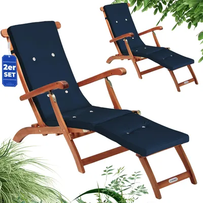 Produktbild von CASARIA® 2x Sonnenliege Klappbar Holz inkl. Auflage Blau Wetterfest 160kg Belastbar Akazie Rückenlehne Verstellbar FSC®-zertifiziert Balkon Garten Liege 169x54cm