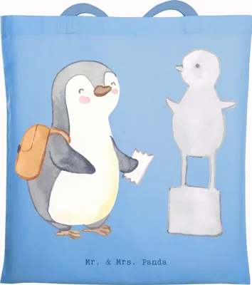 Produktbild von Mr. & Mrs. Panda Shopping Tasche Pinguin Museum besuchen - Sky Blue - Geschenk, Beutel, Jutebeutel, Museen, Tote Bag, Laptoptasche