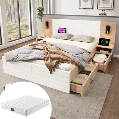 Produktbild von MODFU Doppelbett Holzbett Bettanlage 160×200cm mit 2 Schubladen,Kopfteil Leselicht mit USB Ladefunktion, Stauraumbett Jugendbett mit 2 Nachtkommode(Mit Matratze),Eiche/Weiß