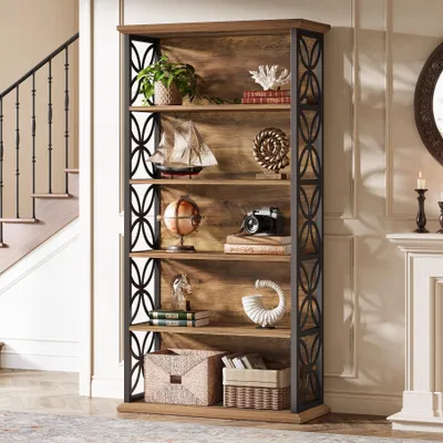 Produktbild von Wanbor 5-stufiges Bücherregal, Industriestil 180 cm hohes Bücherregal für das Wohnzimmer, Braunes Holz-Bücherregal mit schwarzem Metallrahmen